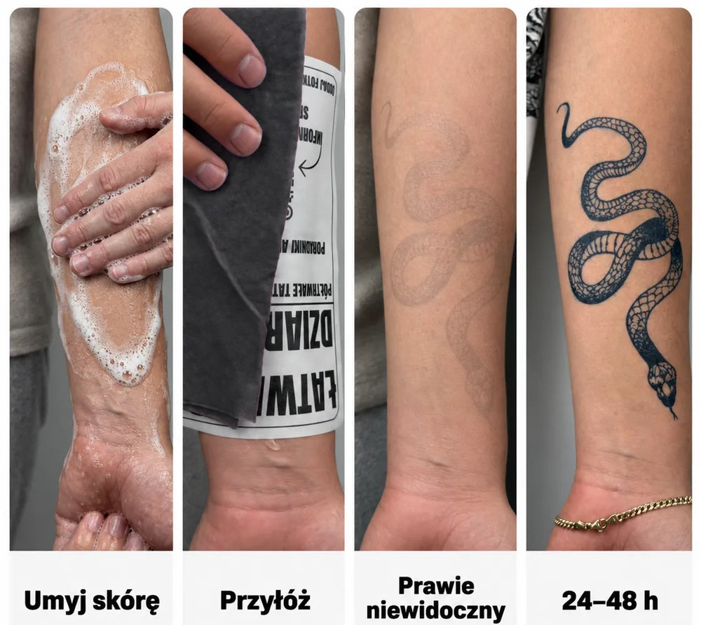 Originalanleitung Einfaches Tattoo mit Papier, das mit dem Markenlogo und dem Schritt des fast unsichtbaren Motivs gekennzeichnet ist
