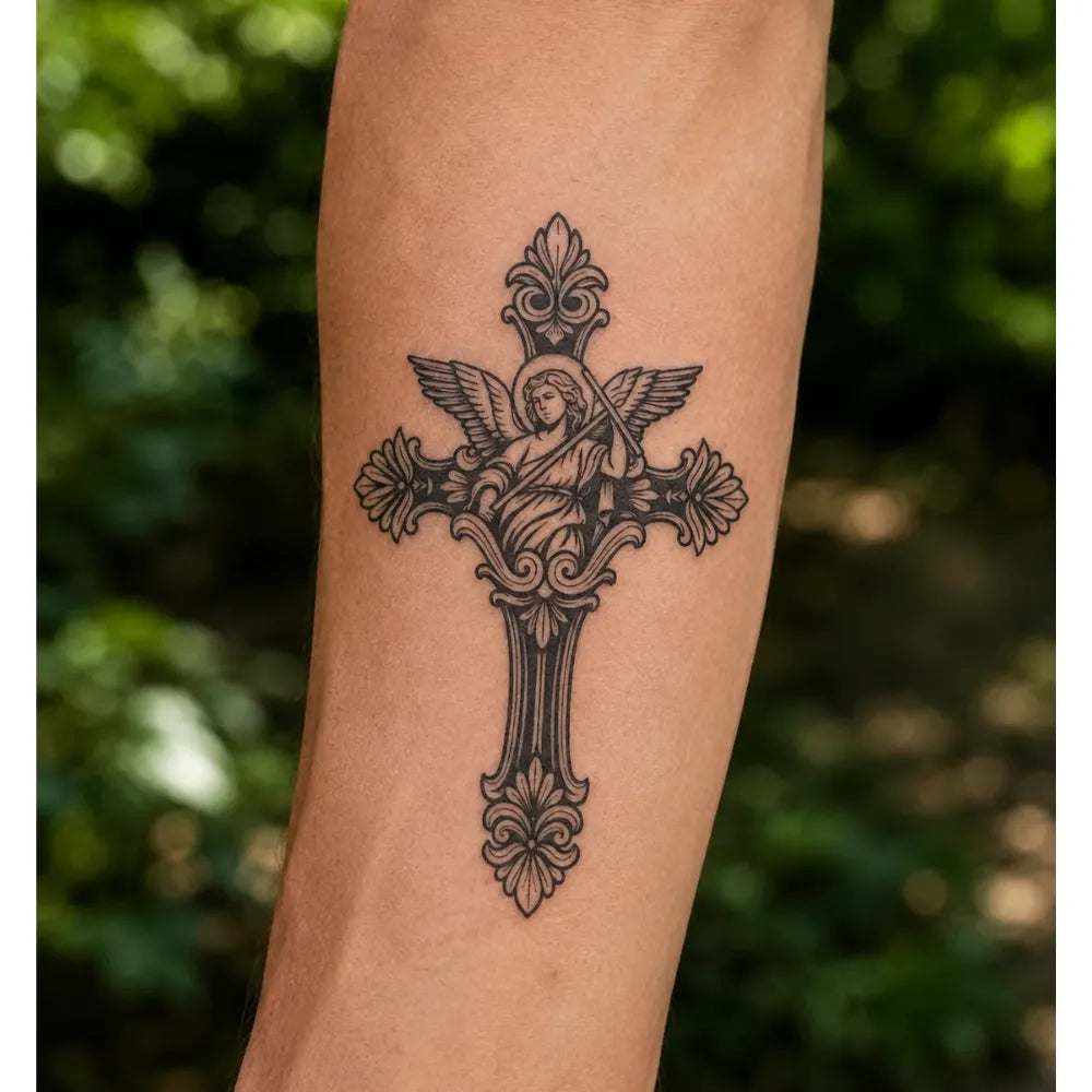 SafeTatt — Angel Cross · fotografie tetování na kůži