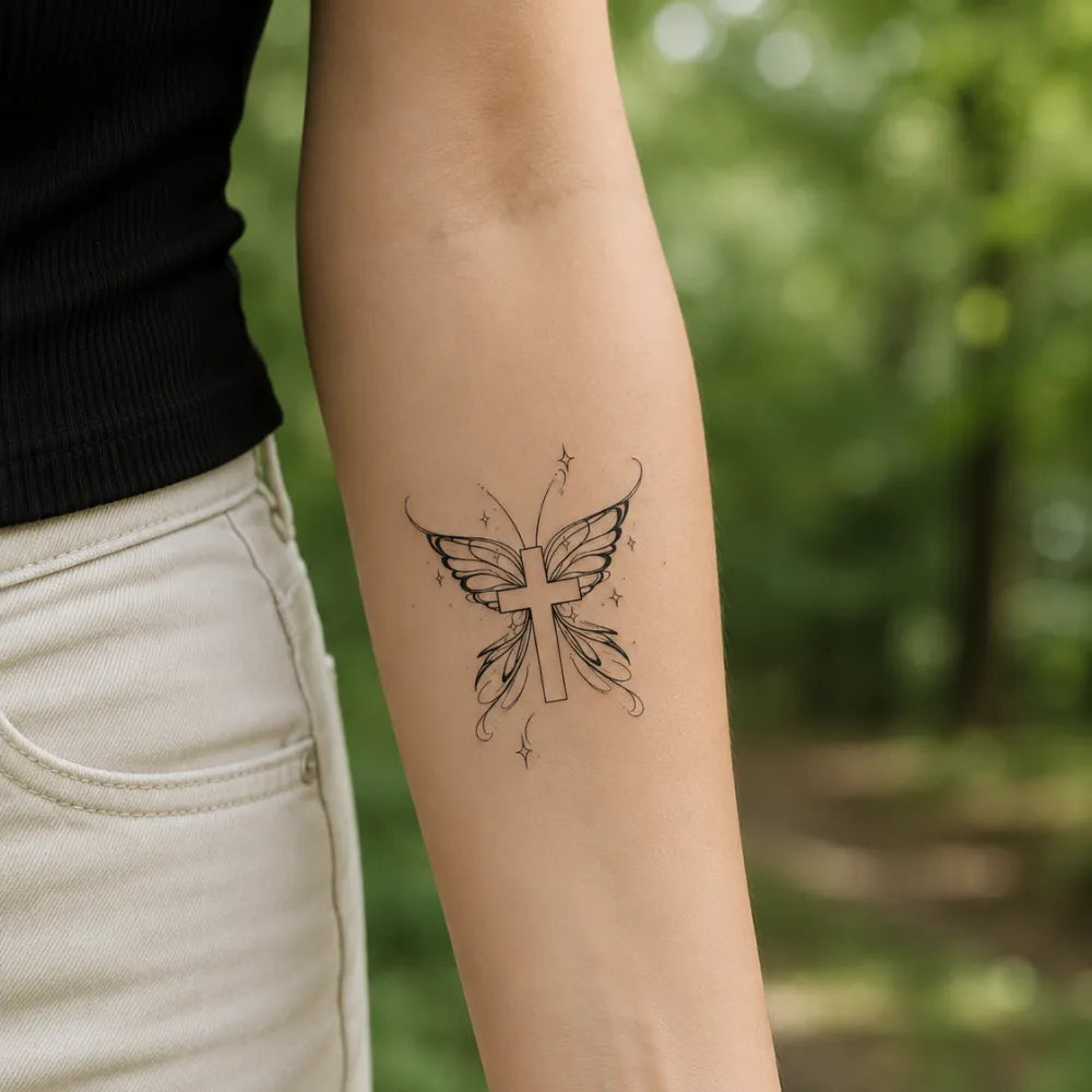 SafeTatt — Winged Cross · fotografie tetování na kůži